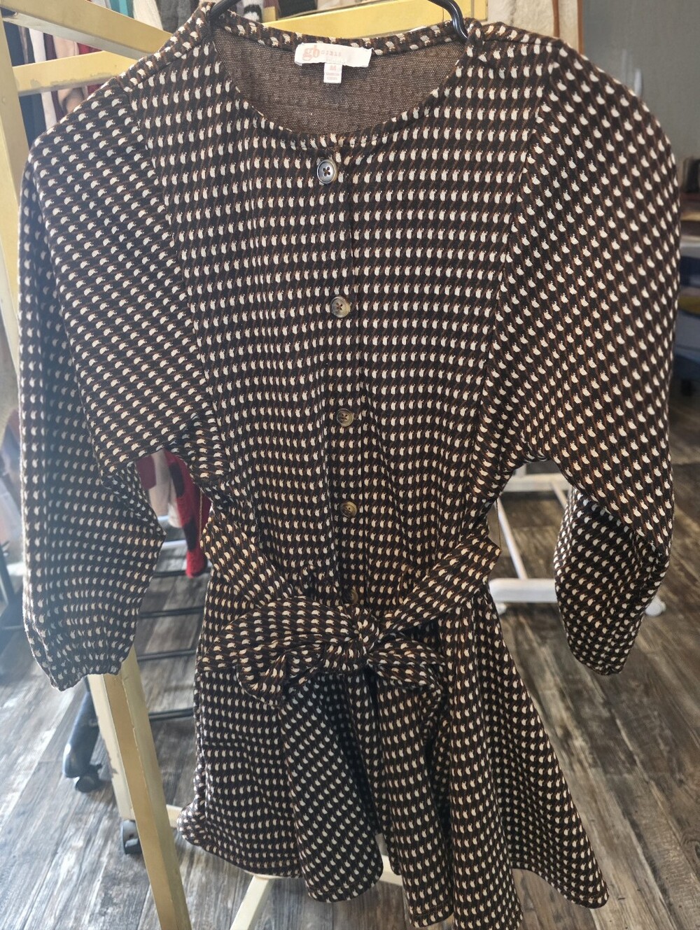 GB girls Brown and Cream Long-Sleeve Button Front Belted Dress